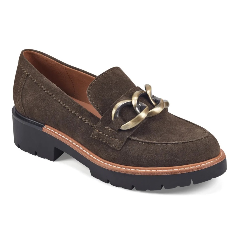 Earth Olive Green Brown Suede Mules with Chain Accent